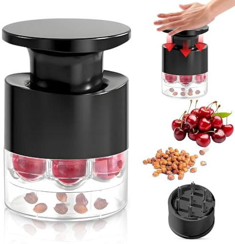 SKJJM Deshuesador de Cerezas, Multifuncional para Cocina, 7 Agujeros Extractor de Huesos de Cereza, para Frutas como Uvas de Mermelada y Dátiles Rojos, Apto para Lavavajillas con Recogedor de Núcleo