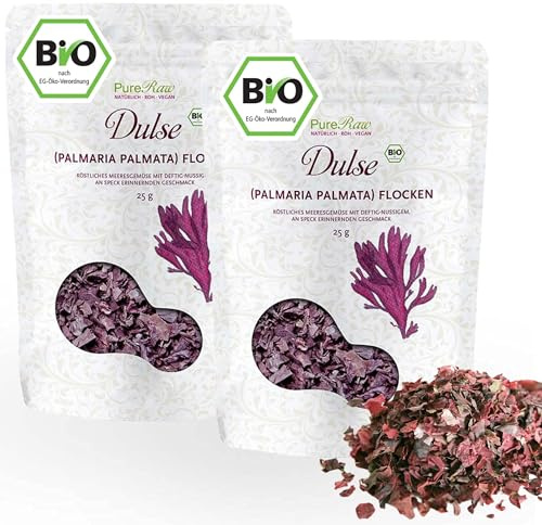 Dulse Flocken Bio Atlantik Algen (Wildsammlung Roh Vegan) Atlantischer Lappentang Rotalgen - Umami-Würze, Veganer Speck, Salzersatz - Organic Raw Wild Atlantic Seaweed Flakes | PureRaw 50g (= 2x 25g)