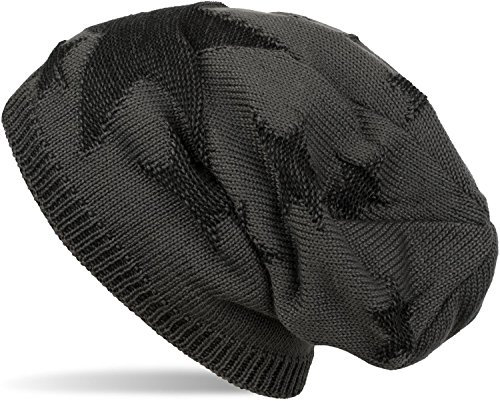 styleBREAKER warme Feinstrick Beanie Mütze mit Sterne, Fleece Innenfutter, Slouch Longbeanie, Winter, Unisex 04024121, Farbe:Dunkelgrau