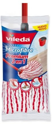 Vileda Fregona Microfibras Premium 2 en 1 - Recambio para fregona, cabezal universal con microfibras y poliamida, color rojo y blanco