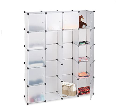Relaxdays Kleiderschrank Stecksystem mit 2 Kleiderstangen, Garderobe mit 14 Fächer, Kunststoff Regalsystem, transparent