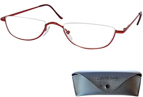 Mini Brille Halb Rund Metall Lesebrille Halbbrille, Gratis Etui und Brillenputztuch, Edelstahl Rahmen (Rot) mit Federscharnier, Lesehilfe Damen und Herren +2.0 Dioptrien