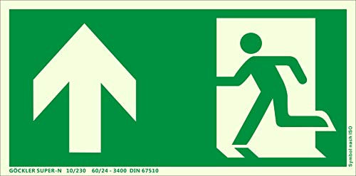 Notausgang Schild ISO 7010 gem. ASR A1.3, in 300x150 mm Folie Nachleuchtend selbstklebend SUPER-N, oben-Notausgang-Flucht-Rettungswegzeichen