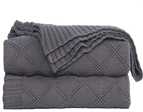 SHADDOCK Baumwolle Gestrickte Decke 4 Jahreszeiten Bettdecke- 130x180cm Ultra Weiche überwurf Decke Wohn-Kuscheldecke für Baby Couch Bett Sofa Stuhl Auto Büro (Rautenmuster, Grau)