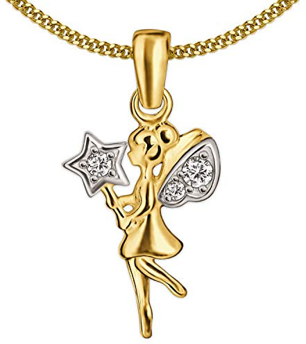 CLEVER SCHMUCK Mädchen Halskette Elfe Engel Zauberstab Anhänger 13 mm mit 3 Zirkonia Gold 333 8 Karat & vergoldeter Kette Panzer 45 cm im Etui weiß