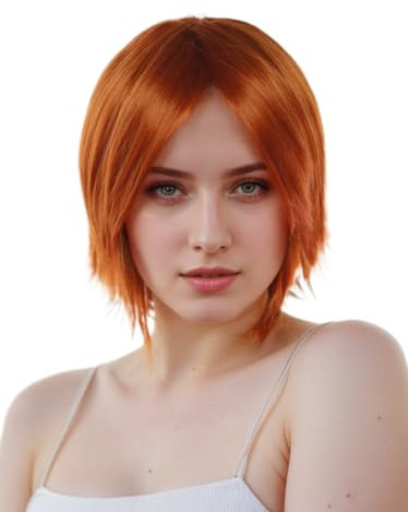 Prettyland orange-rot Kupfer-Rot mit dunkel Ansatz Schulterlang Stufe Pony Fransig Glatte mittellange Damen Herren Perücke Wig C622