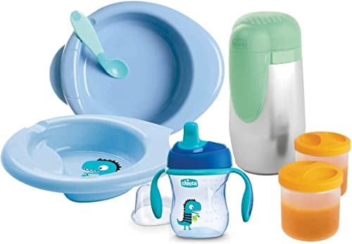 Chicco Set Vajilla Silicona Bebé 6 m+, Juego Vajilla para Destete con Plato Térmico, Plato Llano, Vaso de Aprendizaje para Bebé, Cuchara, Termo Aceo Inoxidable y 2 Contenedores de Comida, Color Azul