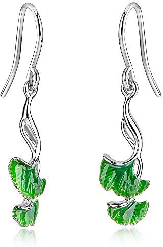 MATERIA by Matthias Wagner Gingko Ohrringe Silber 925 hängend mit grüner Emaille SO-89