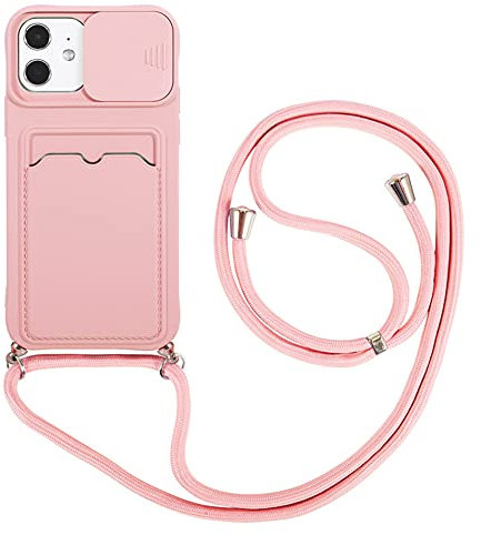 Crossbody Necklace Phone Cases Compatible with Apple iPhone 11 Pro Max Case Slide Camera Lens Protector Cover with Card Slort and Lanyard Cord Strap Soft Flexible TPU Bumper Shockproof Shell(Pink)