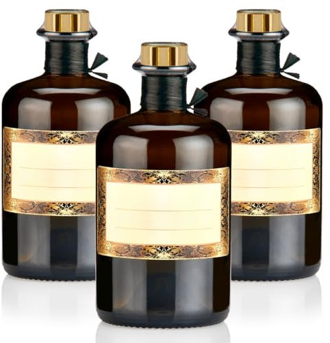 3x Apothekerflaschen braun 500ml Geschenkset mit Korken gold, Band, Kapseln & 3 Etiketten Motiv Orient, 0,5L Glasflaschen schwarz antik leer, Braunglas Flaschen für Öl, Gin uvm.