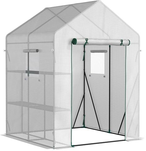 Outsunny Invernadero de Jardín 143x143x195 cm Vivero Casero de Acero con 4 Estantes Puerta y 2 Ventanas Enrollables para Cultivos Plantas Macetas Flores Patio Exterior Blanco
