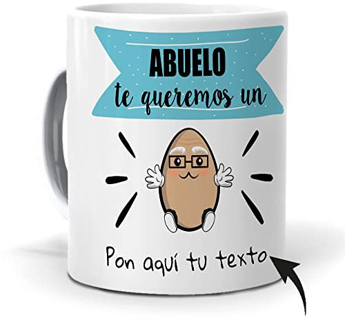 mundohuevo Taza Personalizada con Texto. Regalo Original Dia del Padre. Abuelo te Queremos un Huevo con Nombres. Haz