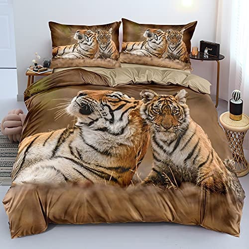 Gnomvaie Bettwäsche Tier 3D Tiger Thema 135x200 Braun Bettbezug Weich Mikrofaser mit Reißverschluss und Kissenbezug 80x80cm