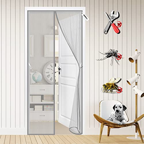 Magnet Fliegengitter Balkontür 70 x 200 cm Insektenschutz Tür mit Klettband, Magnetverschluss, Fliegengitter Magnetvorhang für Küche/Wohnzimmer/Schlafzimmer Grau