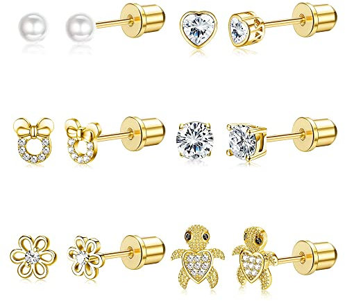 MILACOLATO 6Paires Boucles d'Oreilles Enfant Fille Femme Acier Inoxydable, Hypoallergéniques CZ Cartilage Clou Oreille Lot, Rose Zirconium Boule Coeur Fleur Vissé Dos Tragus Boucle d'Oreille Bijoux or
