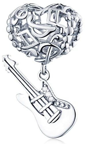 Herz mit Musik Noten Charms Gitarre Dangle, Fit Pandora Kunst Armband, 925 Sterling Silber Ich liebe Guitar Anhänger Music Note Perlen, Geschenk für Künstler/Musiker/Nichte/Neffe