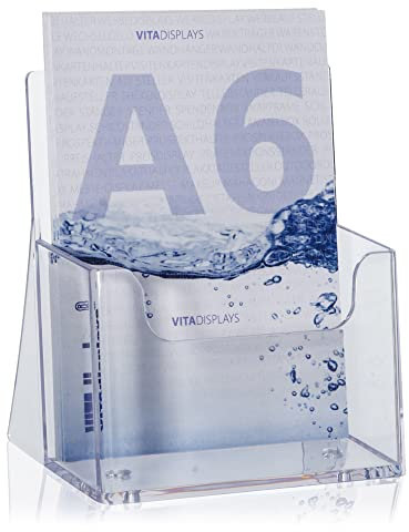 VITAdisplays DIN A6 Tisch-Prospektständer für Flyer und Prospekte als praktischer Postkarten-Aufsteller im Hochformat. Transparenter Flyerständer als Prospekthalter für ihre gedruckte Werbung.