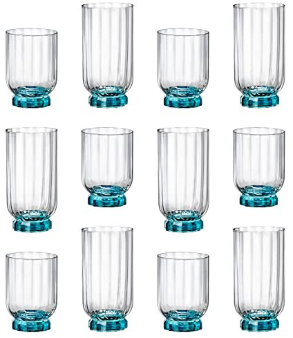 Bormioli Rocco 12pc Blau Florian Glaswaren-Set - Gemischt Glas Highball Cocktail Gin-Gläser & Wasser Whiskey Trinkbecher