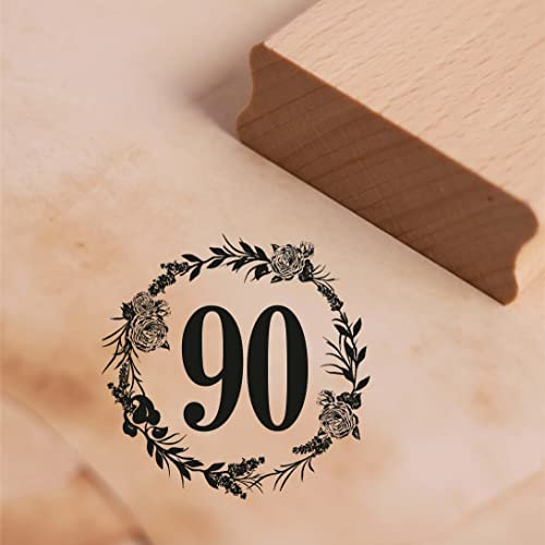 Motivstempel Jubiläum Zahlen Vintage Kranz Rosen Stempel Holzstempel Geburtstag Hochzeitstag - 48 x 48 mm (90)