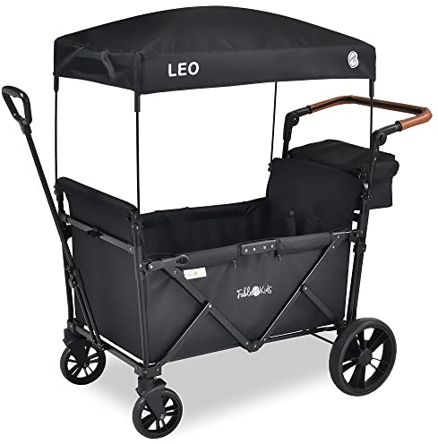 FableKids Leo X2Lite foldable trolley with roof, foldable trolley, load up to 20 kg per seat, 5-point belt, 360° wheels, foot brake, Oxford 600D, Onyx Black