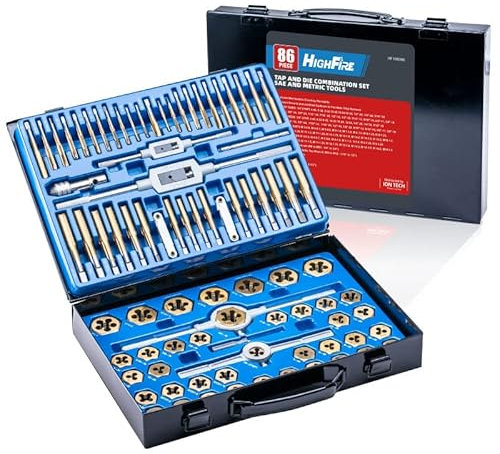 HIGHFIRE 86-teiliges Gewindeschneider-Set, SAE und metrischer Standard, großes Gewindeschneider-Set mit Sechskantform, Titanbeschichtetes Gewindebohrer- und Schneideisen-Set mit Aufbewahrungskoffer