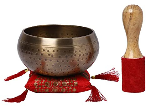 KPAVIR Juego de cuencos tibetanos martillados a mano, instrumento musical para meditación con palo y cojín (tamaño del cuenco, 5 pulgadas), color dorado