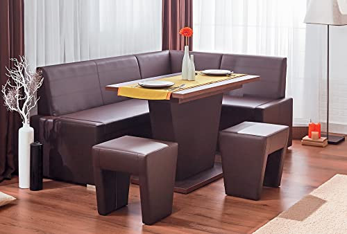 Rodnik Eckbankgruppe Studio in Lederoptik, Schlaffunktion, Essgruppe 4 TLG. Set: Eckbank ausziehbar, Esstisch ausziehbar, 2X Hocker (Dunkelbraun)