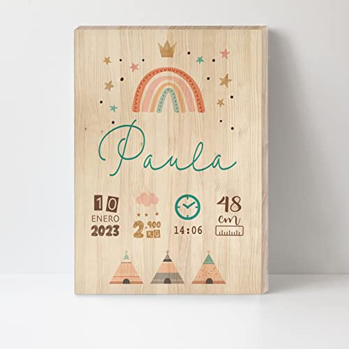 Natalicio Estrellas de madera para bebés personalizado con nombre, regalo para niños recien nacidos con datos de bebé nombre fecha peso nacimiento pino tamaño 20x30 (Estrellas)