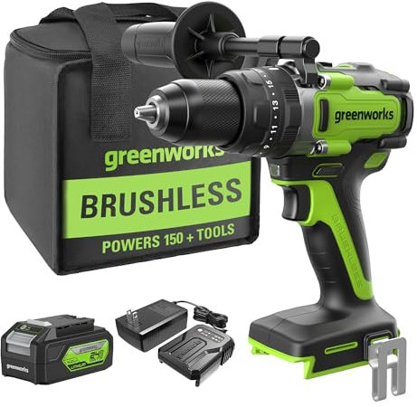 Greenworks 1/2 24V Brushless Hammer Drill (Metal Chuck/1259.3lbs/23 Clutch Positions/28000BPM/LED Light), 4Ah Battery and Charger Included