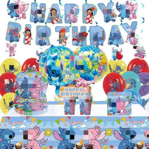 Juego de Vajilla de Fiesta Lilo Stitch,Vajilla Cumpleaños Lilo y Stitch,Kit de Vajilla de Cumpleaños Stitch,Mantel, Toalla de Papel, Taza, Plato, para Decoraciones de Fiesta de Cumpleaños Niños