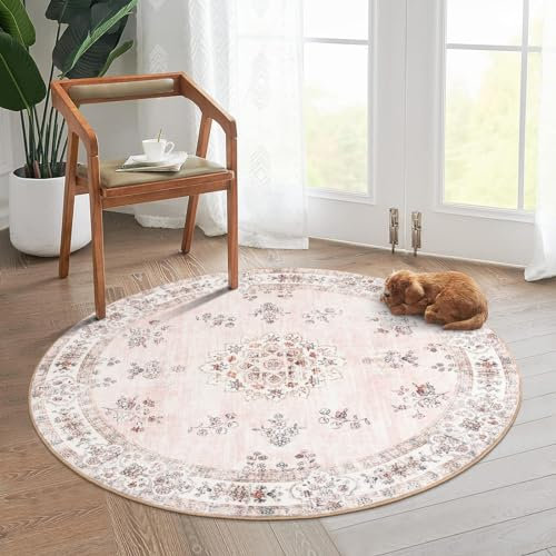 Lahome Waschbarer, runder Teppich, 122 cm, weicher Boho-Teppich für Kinderzimmer und Mädchen, kleiner runder Teppich, mit Blumenmuster, rutschfest, pastellfarben, runder Teppich für Schlafzimmer,