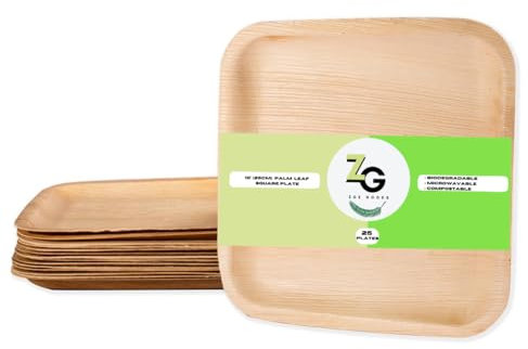 Zoe Goods 25 Disposable Palm Leaf Plates 10 (25cm) Large Square Eco Friendly, Biodegradable, Compostable Plates for Hot Foods, Weddings, Picnics & Parties