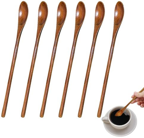 Long Handled Teaspoons, Natural Small Wooden Spoons Long Wooden Stirring Spoon for Honey Coffee Tea Drinks (6)