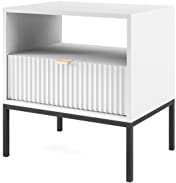 BETTSO - Nova S-54 - Nachttisch - Beistelltisch - Schubladenschrank - Nachtschrank - mit hohen Metallbeinen - Geriffelt - Schlafzimmer - Modern, Glamour - Weiß - mit golden Griffen