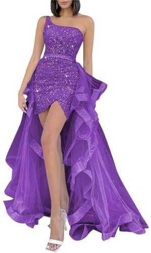 KURFACE Robe de bal courte à paillettes à une épaule pour adolescents avec train détachable en tulle WSX454, violet, 50 plus