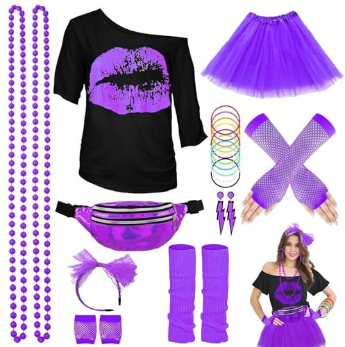 Hehiy 90er 80er Jahre Outfit Damen Netzoberteil Accessoire Off Shoulder shirt 80erJahre Kleidung 80iger Schlagerparty Bad Taste Frauen Neon Party KarnevalkostüM KarnevalskostüMe Damen Xxl