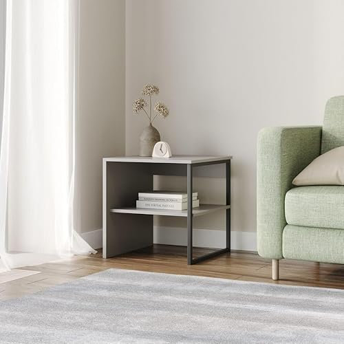 URBNLIVING 40cm Wood & Steel Sofa Side Table Bedside Living Room Unit with Open Storage Shelf