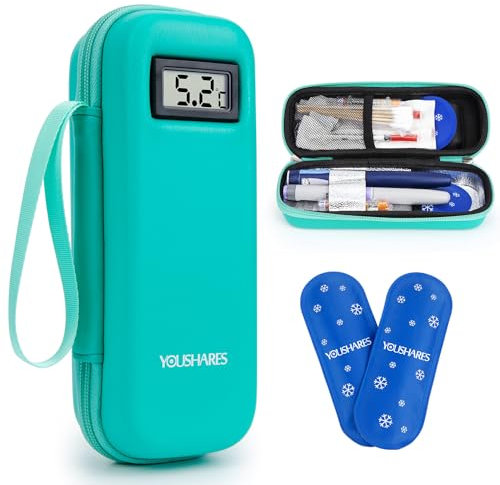 YOUSHARES Pochette Isotherme Insuline, Trousse Isotherme Insuline Voyage pour Diabetique Affichage de la Température avec 2 Poche de Glace, Sac Isotherme Insuline Medicament pour Stylo Seringue, Vert