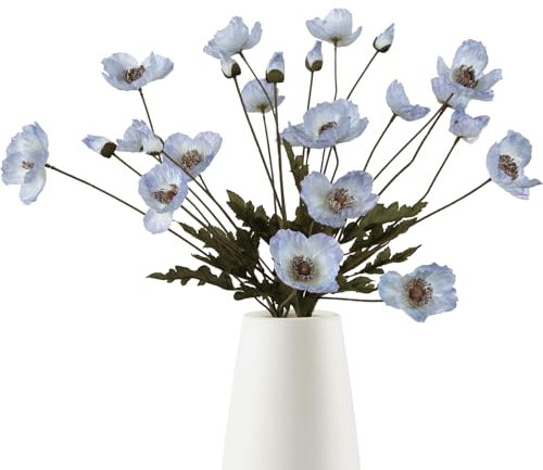 IPOPU Künstliche Mohnblumen im Vintage-Stil, 6 Stück, Seidenmohnblumen, realistische Kunstblumen für Vase, künstliche Mohnblumen, blaue künstliche Blumen für Tafelaufsätze, Brautparty,