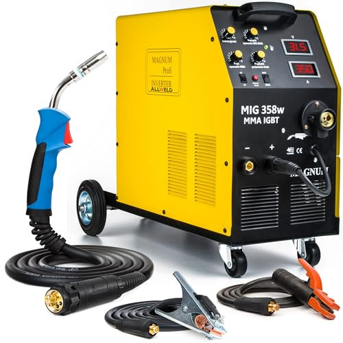 MAGNUM MIG 358 MMA - 3 in 1 Schutzgas Schweißgerät MIG MAG 400v mit Fülldraht und MMA - 350A Schweißstrom, 4-Rollen Drahtvorschub, Fahrwerk, Induktivität und Lötschweißen - Set Solo