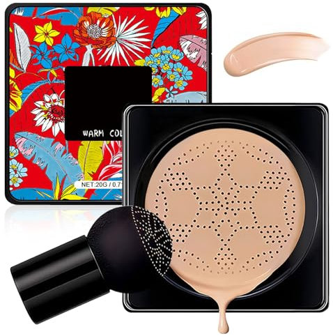 Pilzkopf Luftkissen CC Cream - Cushion Foundation Langanhaltendes, Abschminkfestes, Gleichmäßiger Hautton mit Aufhellung Gesichtsunreinheiten Abdecken für Alle Hauttypen mit 20g Inhalt, Natürlich