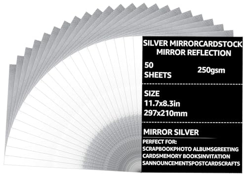 ASelected 50 Sheets Silver Mirror Card, A4 Silver Cards, Thick 250gsm/92Ib Metallic Cards for Arts and Crafts, Mirror Foil Activity, Foil Cardstock for DIY Projects Wedding Birthday Party Decoration