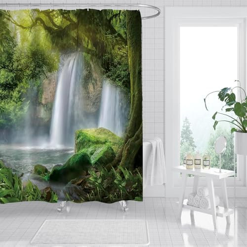 FAIRYGATE Duschvorhang Anti Schimmel Waschbar Bathroom Curtains Rustikal Duschvorhang Badezimmerdekorationsset mit 12 Haken 180 x 180 cm Grün Blätter Antischimmel Textil Wasserabweisend B8526