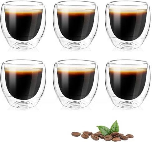 Tazas de Café Expresso 6 x 80 ml Vasos de Espresso de Doble Pared, Vasos Café Cristal Doble Pared de Borosilicato, Vasos Térmicos de Cristal de Doble Pared para Espresso de 80 ml, aptos Lavavajillas