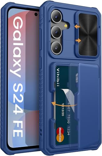 Vihibii for Samsung Galaxy S24 FE Wallet Case with Card Holder (4 Cards) [RFID Blocking] & Slide Camera Lens Protective Cover &, Heavy Duty Shockproof Rugged Case for Galaxy S24 FE 5G 6.7 2024, Blue