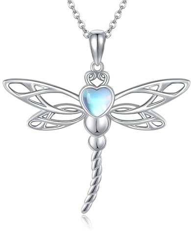 ONEFINITY Libelle Halskette für Frauen 925 Sterling Silber Keltische Libelle Anhänger Mondstein Libelle Halskette Libelle Schmuck Geschenke für Libellenliebhaber