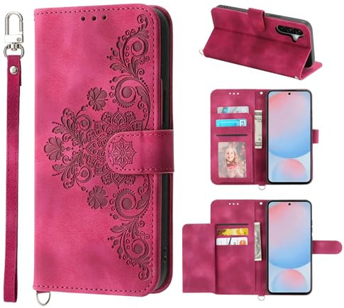 Auslbin Hülle für Samsung Galaxy A56 5G 6.7 5 Kartenschlitzen Handyhülle Vintage -Stil Blume PU Leder Flip Schutzhülle Mobile Brieftasche, Rot