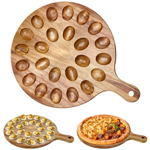 Deviled Egg Platter Acacia Wood Round Tray for Devilled Eggs Holder Countertop Kitchen Easter Gift Charcuterie Board Wooden Serving Dish Large Egg Carrier Container Hosting Essentials Devil Egg Plate