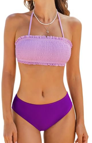 CUPSHE Damen Bikini Set Neckholder Rüschen Gesmokter Bikini Bademode Abnehmbare Träger Blumenmuster Zweiteiliger Badeanzug Swimsuit Lavendel/Dunkellila XL