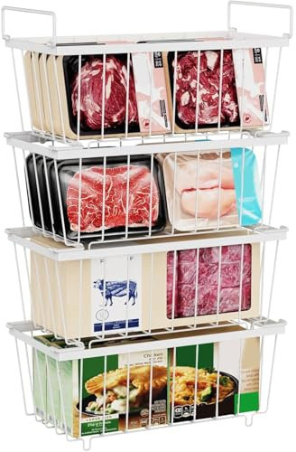 Chest Freezer Baskets, 4 Pack Stackable Freezer Storage Boxes with Handles Hanging Refrigerator Storage Rack for Chest Ice Cream Easily Sort and Get Frozen Foods Allow Air Circulation White